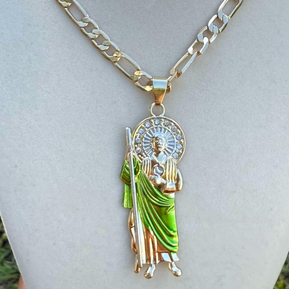 San Judas Tadeo Pendant Necklace 14K GP Religious CZ Piece Figaro Link Chain